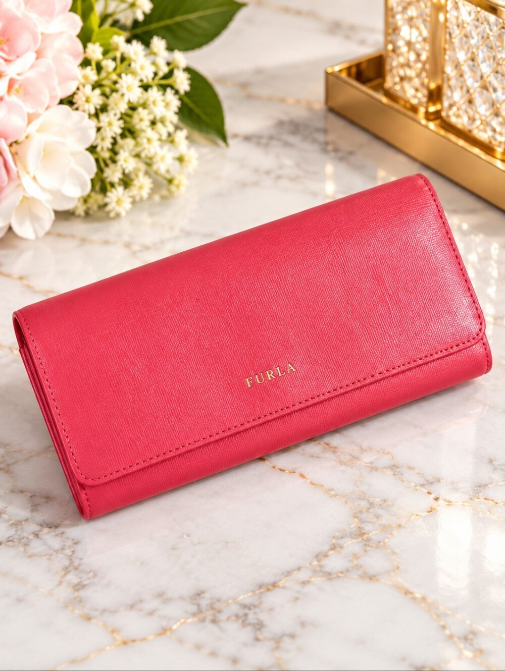 Furla Babylon Pink Leather Bi-Fold Long Wallet Gold Logo Designer 7.75" x 3.5"